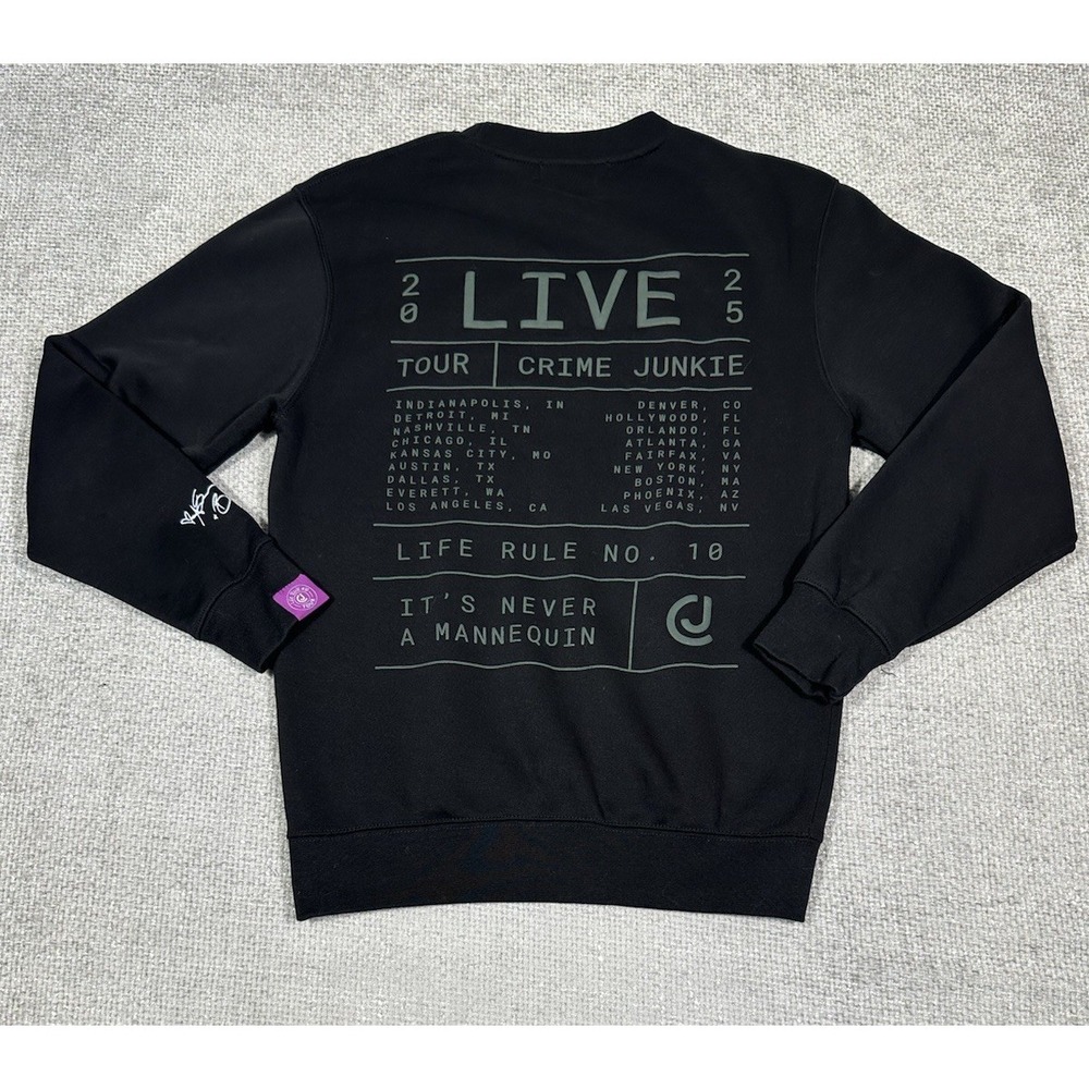 Crime Junkie Sweatshirt Adult Small Black Life Rule 10 Tour Podcast Crewneck - Picture 2 of 12
